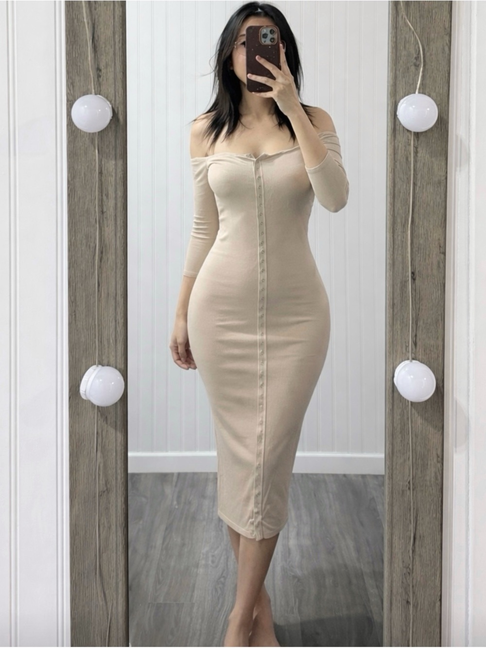 Fashion Nova One-Shoulder Beige Button-Front Midi Dress
